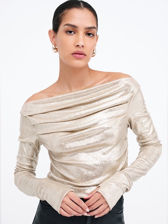 Marcella NYC Tops - Marcella NYC Cooper Sparkly Lurex Long Sleeve Boatneck Top Stardust Size XS